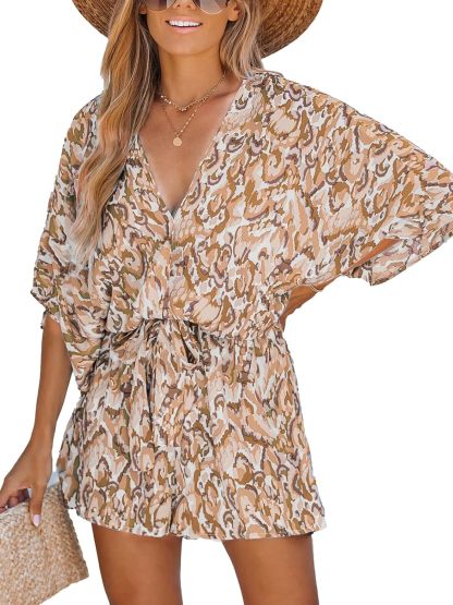 CUPSHE Women's Lace Up Leopard Print Romper Short Sleeves Jumpsuits Wide leg Outfit