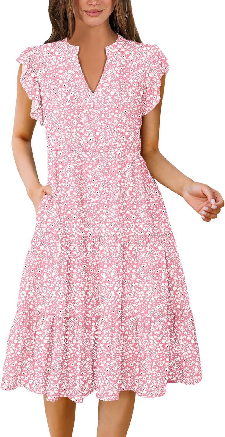 ANRABESS Womens Summer Dress Ruffle Sleeve V Neck Midi Dresses Fashion Casual Fit Flowy Tiered Boho Beach Vacation Sundress