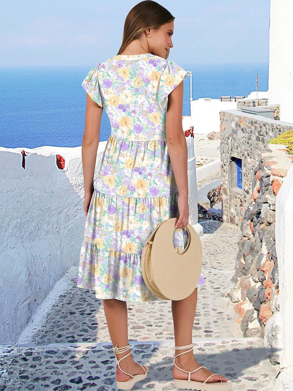 ANRABESS Womens Summer Dress Ruffle Sleeve V Neck Midi Dresses Fashion Casual Fit Flowy Tiered Boho Beach Vacation Sundress
