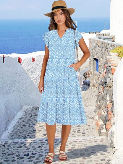 ANRABESS Womens Summer Dress Ruffle Sleeve V Neck Midi Dresses Fashion Casual Fit Flowy Tiered Boho Beach Vacation Sundress