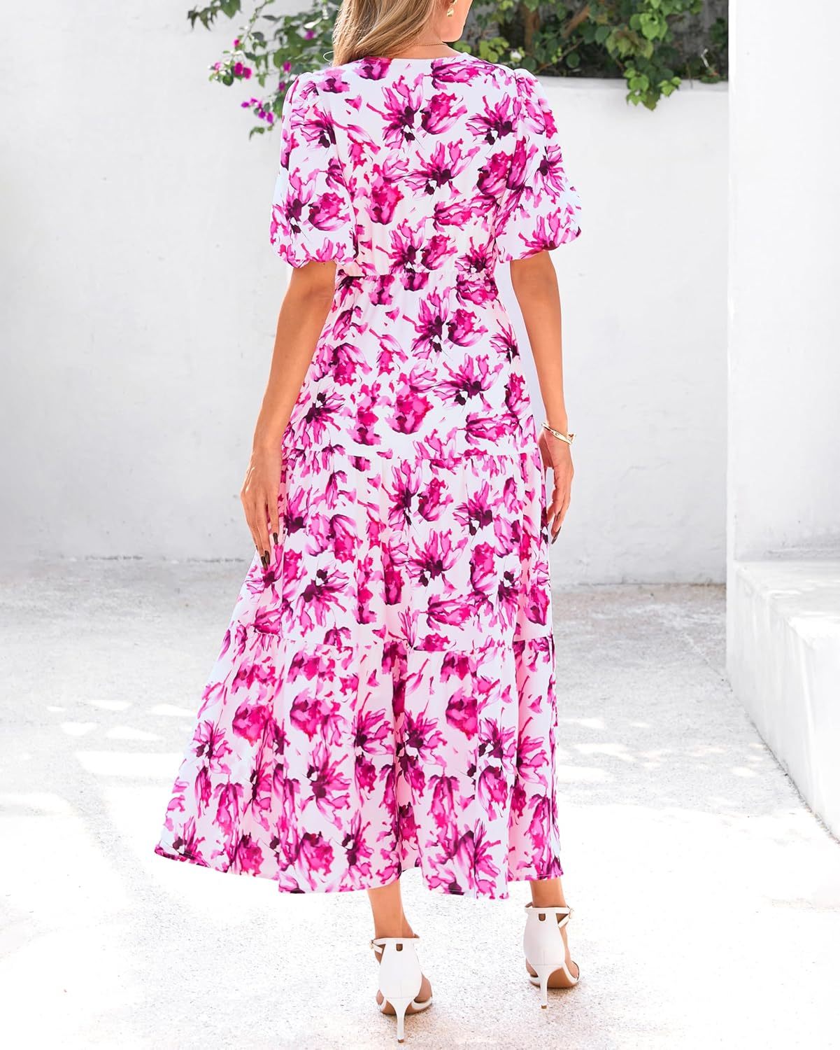 dowerme Womens Summer Dresses 2025 Casual Puff Short Sleeve V Neck Floral Boho Tiered Ruffle Maxi Dress with Pockets