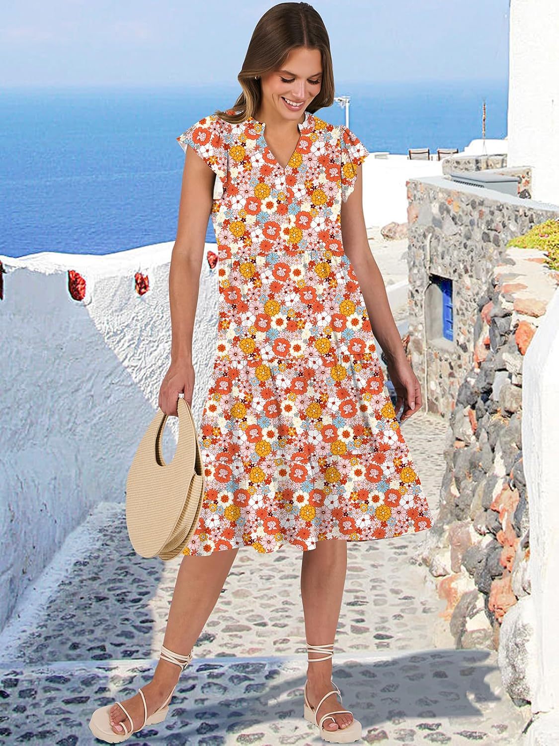 ANRABESS Womens Summer Dress Ruffle Sleeve V Neck Midi Dresses Fashion Casual Fit Flowy Tiered Boho Beach Vacation Sundress