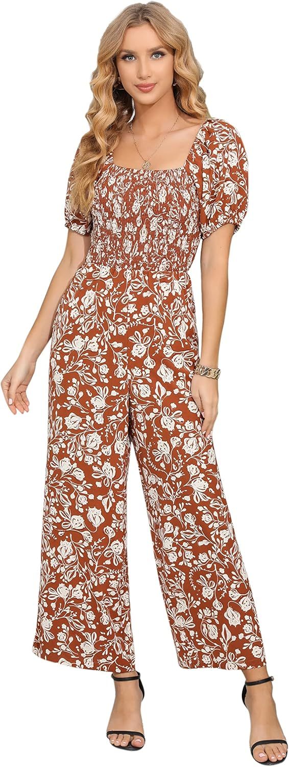Love Welove Fashion Summer Jumpsuits for Women 2025 Floral Dressy Casual Loose Wide Leg Short Sleeve One Piece Romper Outfits