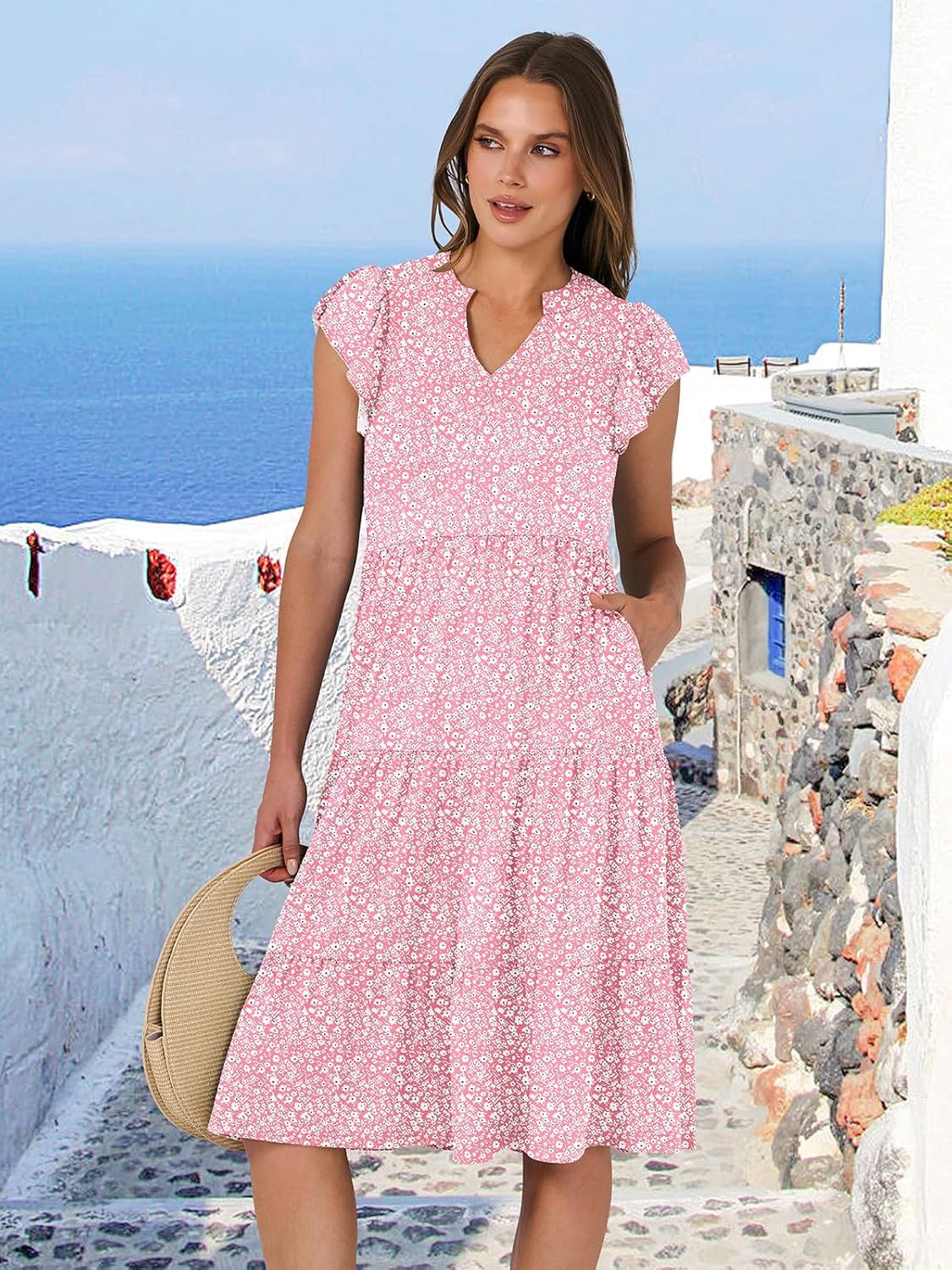 ANRABESS Womens Summer Dress Ruffle Sleeve V Neck Midi Dresses Fashion Casual Fit Flowy Tiered Boho Beach Vacation Sundress