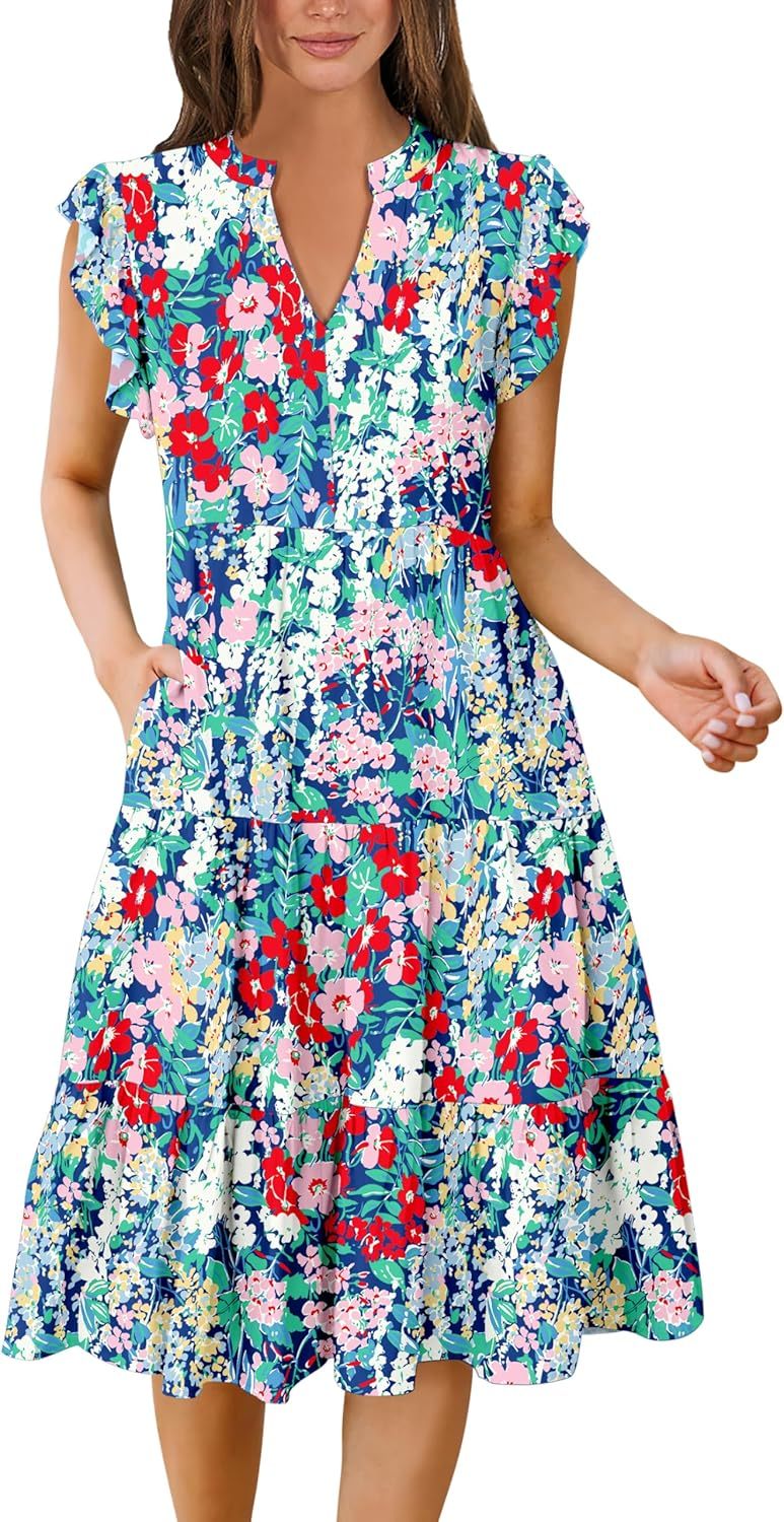 ANRABESS Womens Summer Dress Ruffle Sleeve V Neck Midi Dresses Fashion Casual Fit Flowy Tiered Boho Beach Vacation Sundress