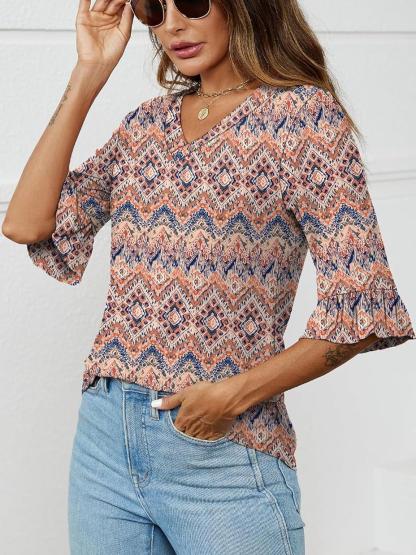 ✨Womens 3/4 Length Sleeve V-Neck Eyelet Casual Ruffle Sleeve Tunic Blouses(Buy 3 Free Shipping)