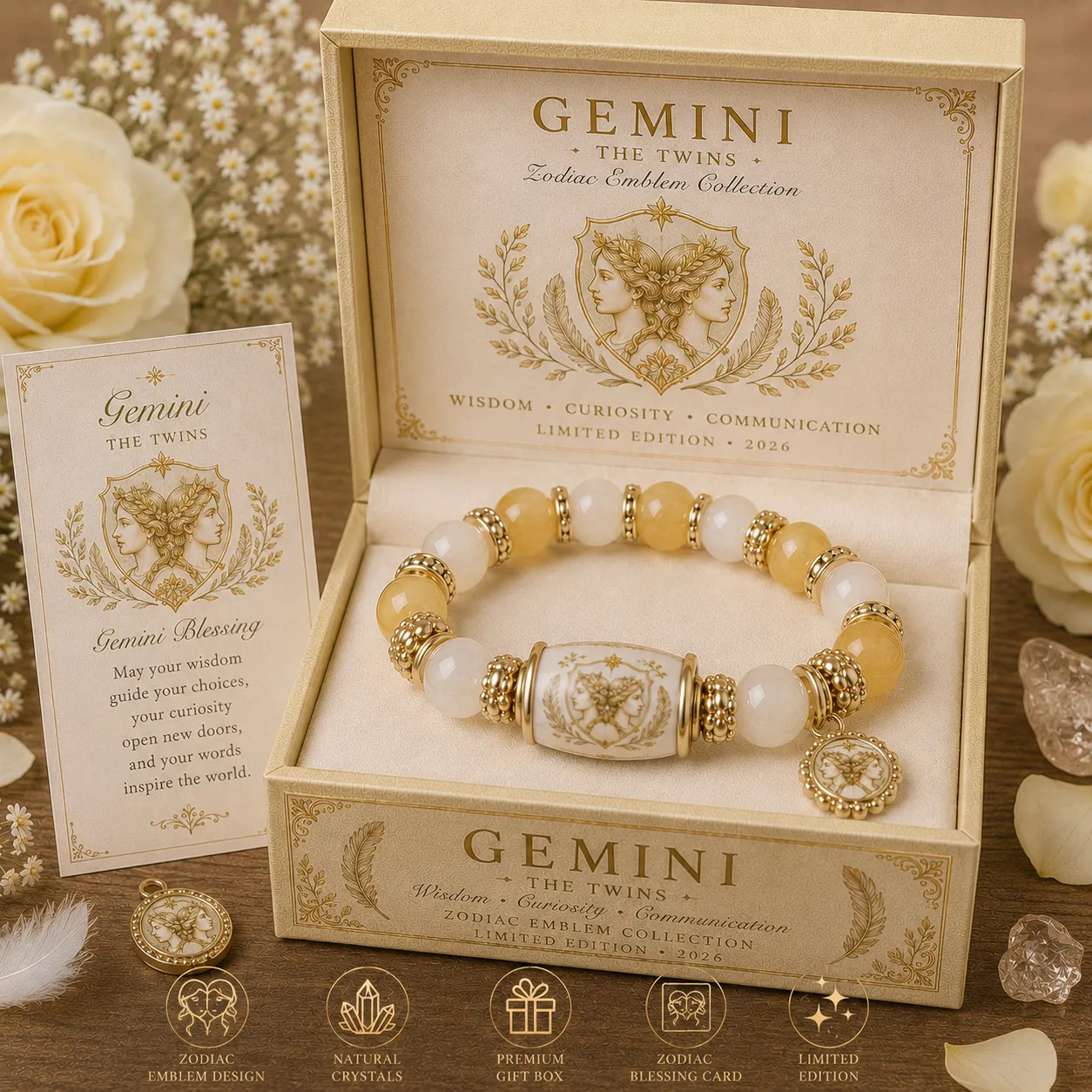 Natural Crystal Zodiac Bracelet Gift Set for Women, Astrology Sign Beaded Bracelet with Charm, Blessing Card & Premium Gift Box