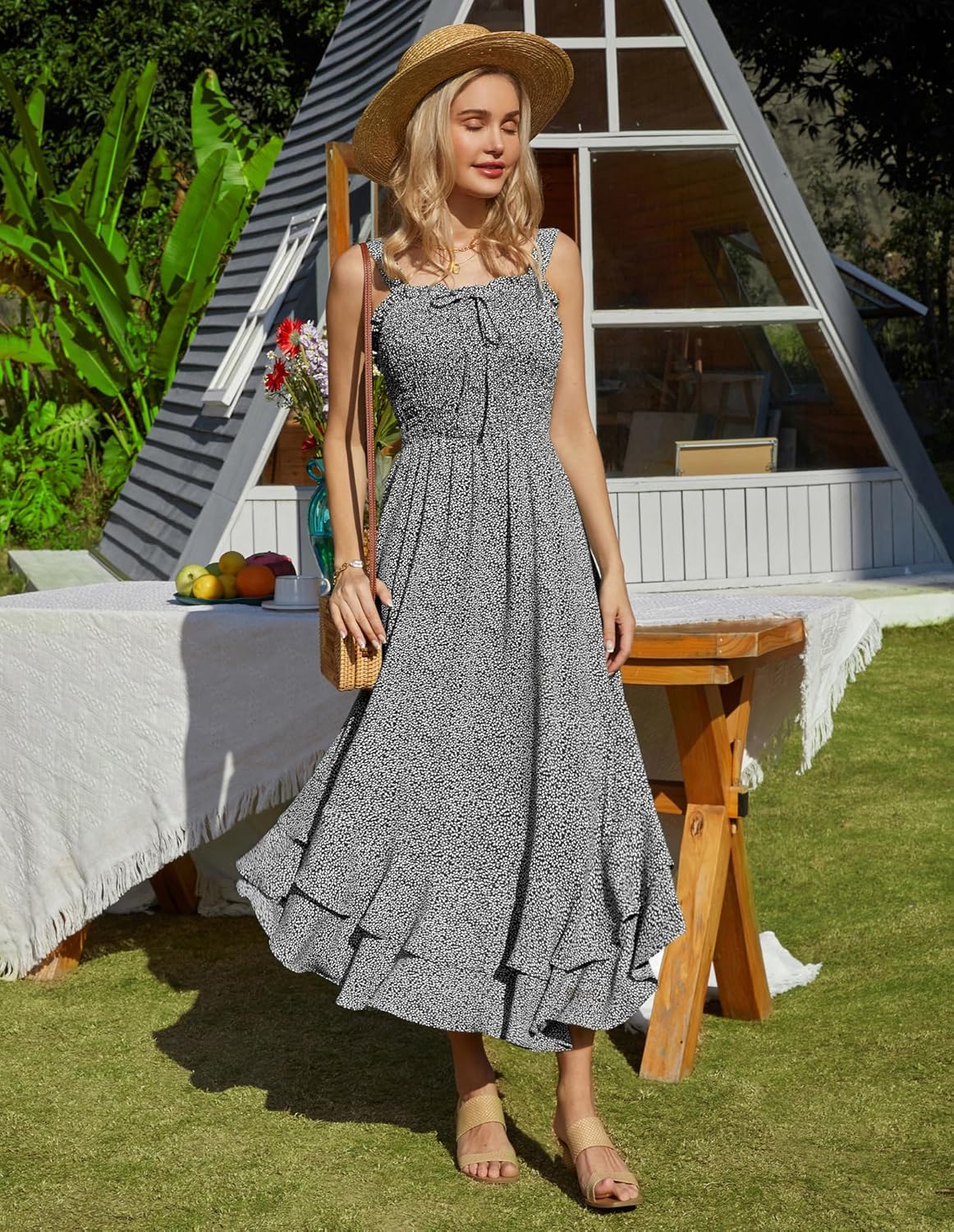 GRACE KARIN Women's 2025 Summer Floral Boho Dress Square Neck Strapped Swing A Line Sundress Beach Long Maxi Outfits