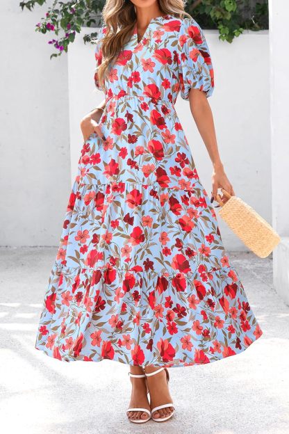 dowerme Womens Summer Dresses 2025 Casual Puff Short Sleeve V Neck Floral Boho Tiered Ruffle Maxi Dress with Pockets