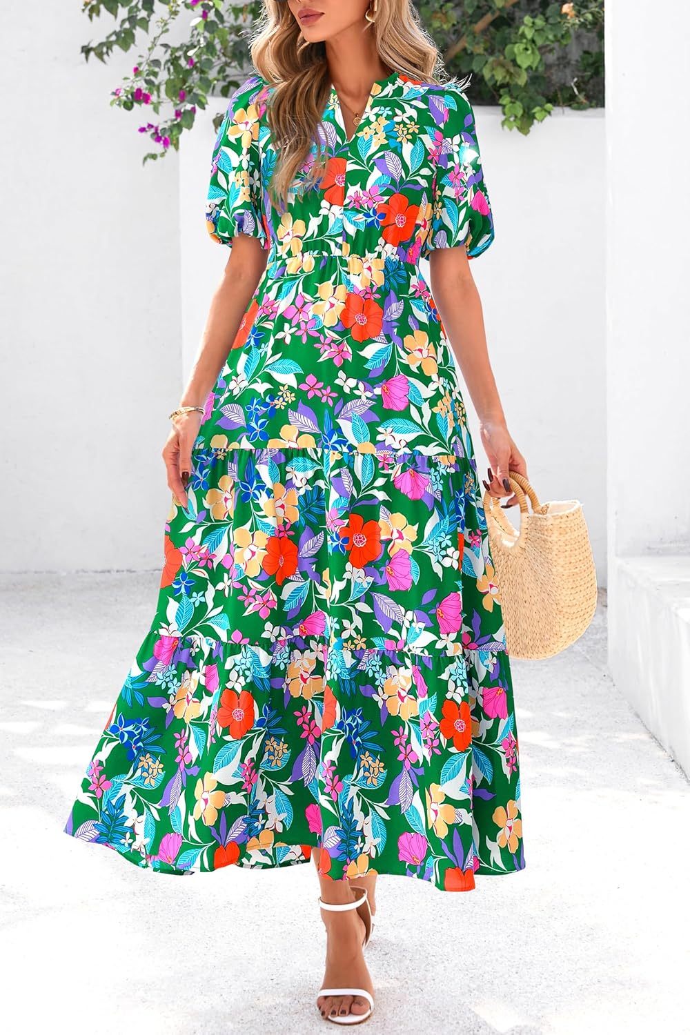 dowerme Womens Summer Dresses 2025 Casual Puff Short Sleeve V Neck Floral Boho Tiered Ruffle Maxi Dress with Pockets