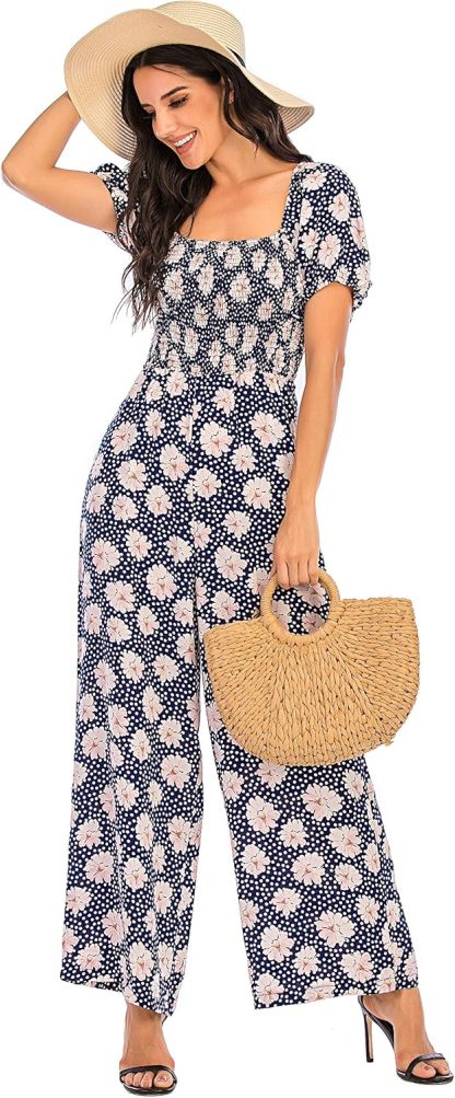 Love Welove Fashion Summer Jumpsuits for Women 2025 Floral Dressy Casual Loose Wide Leg Short Sleeve One Piece Romper Outfits