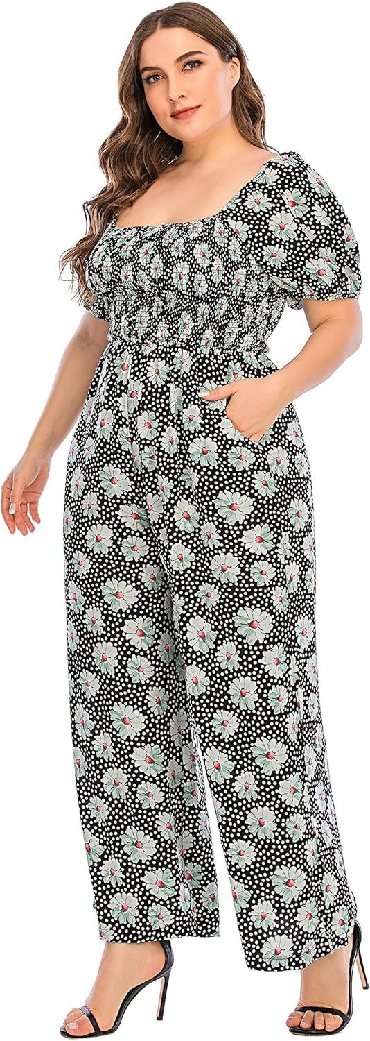 Love Welove Fashion Summer Jumpsuits for Women 2025 Floral Dressy Casual Loose Wide Leg Short Sleeve One Piece Romper Outfits
