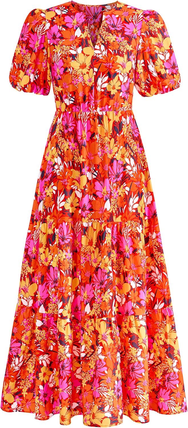 dowerme Womens Summer Dresses 2025 Casual Puff Short Sleeve V Neck Floral Boho Tiered Ruffle Maxi Dress with Pockets