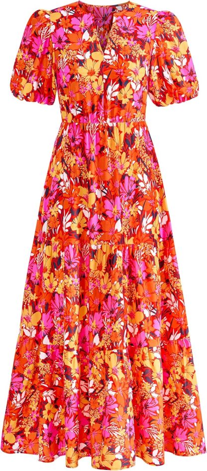 dowerme Womens Summer Dresses 2025 Casual Puff Short Sleeve V Neck Floral Boho Tiered Ruffle Maxi Dress with Pockets