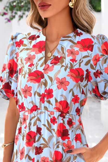 dowerme Womens Summer Dresses 2025 Casual Puff Short Sleeve V Neck Floral Boho Tiered Ruffle Maxi Dress with Pockets