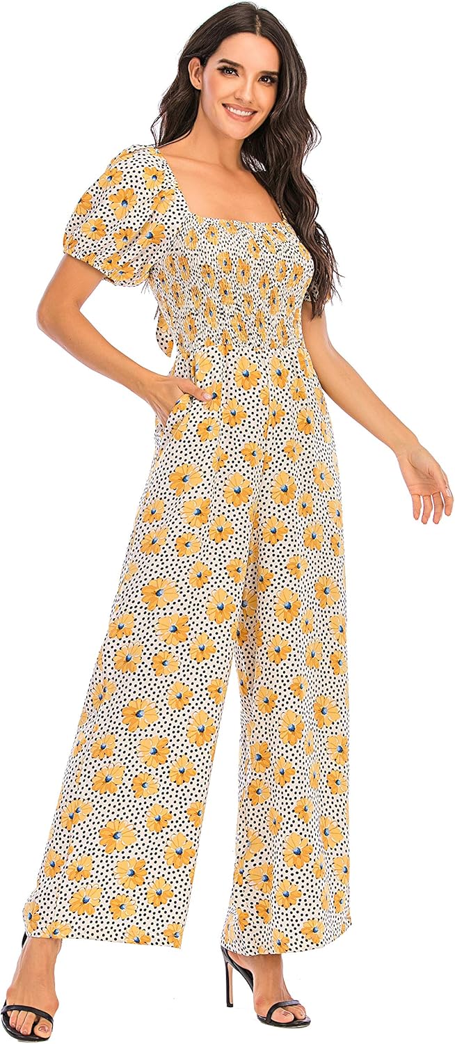 Love Welove Fashion Summer Jumpsuits for Women 2025 Floral Dressy Casual Loose Wide Leg Short Sleeve One Piece Romper Outfits