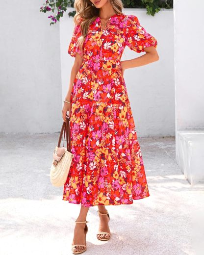 dowerme Womens Summer Dresses 2025 Casual Puff Short Sleeve V Neck Floral Boho Tiered Ruffle Maxi Dress with Pockets