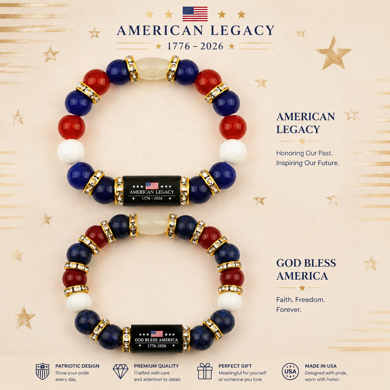 American Legacy 1776-2026 Patriotic Beaded Bracelet – Red White & Blue Stone Beads with Crystal Spacers, USA Flag Engraved Bar Charm, Stretch Fit