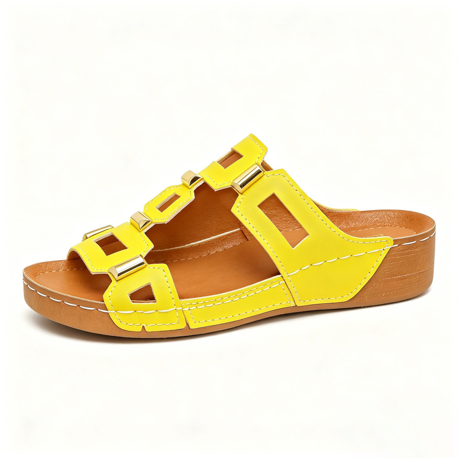 Genuine Leather Arch Support Sandals, Comfort All-Day Multi-Color Hollow Out Summer Slides Slippers