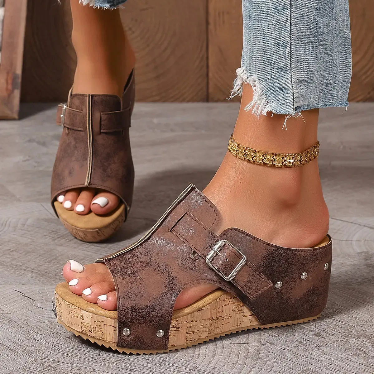 😍Last Day 50% OFF😍-Womens Comfy Leather Solid Flower Strap Wedge San