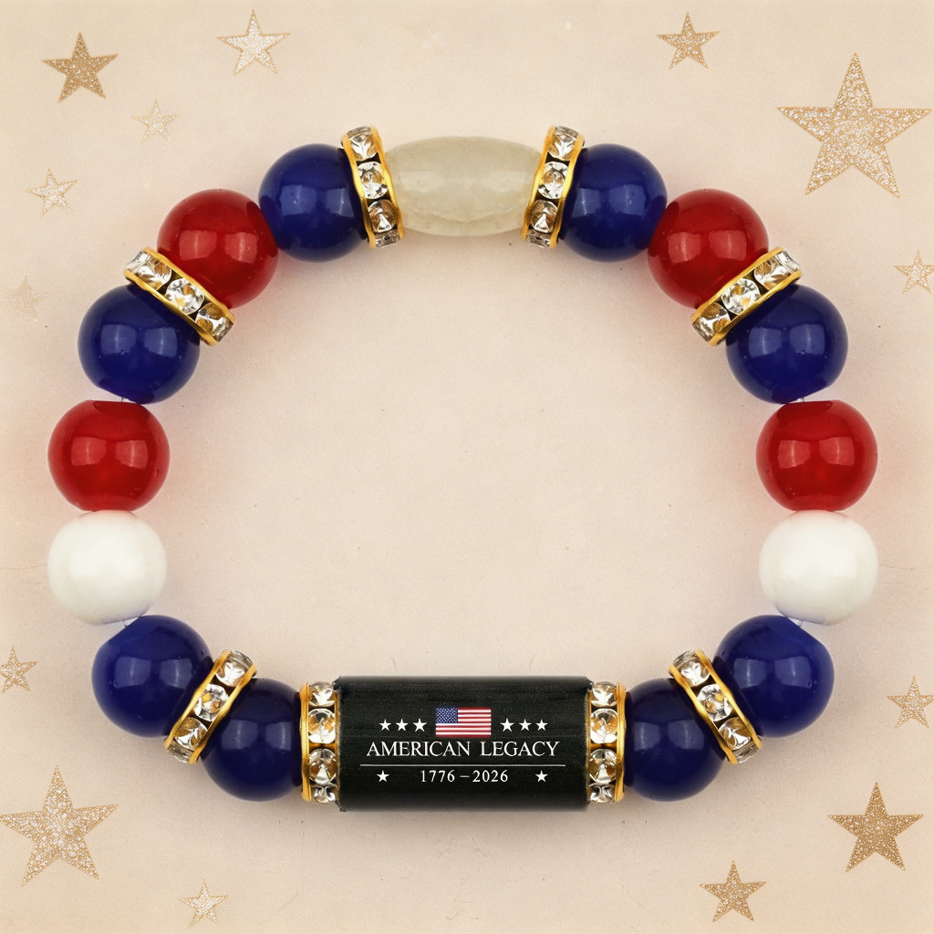 American Legacy 1776-2026 Patriotic Beaded Bracelet – Red White & Blue Stone Beads with Crystal Spacers, USA Flag Engraved Bar Charm, Stretch Fit