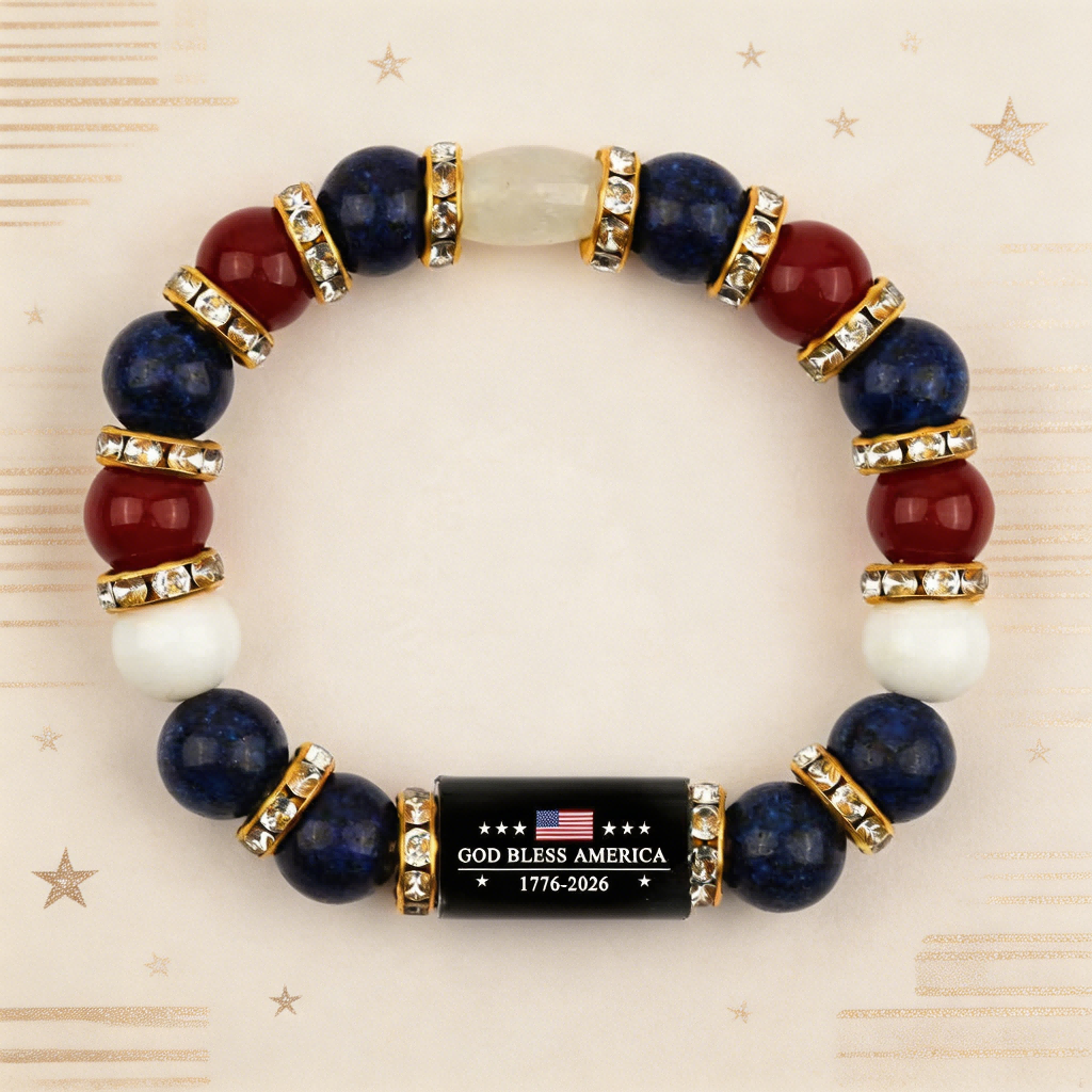 American Legacy 1776-2026 Patriotic Beaded Bracelet – Red White & Blue Stone Beads with Crystal Spacers, USA Flag Engraved Bar Charm, Stretch Fit