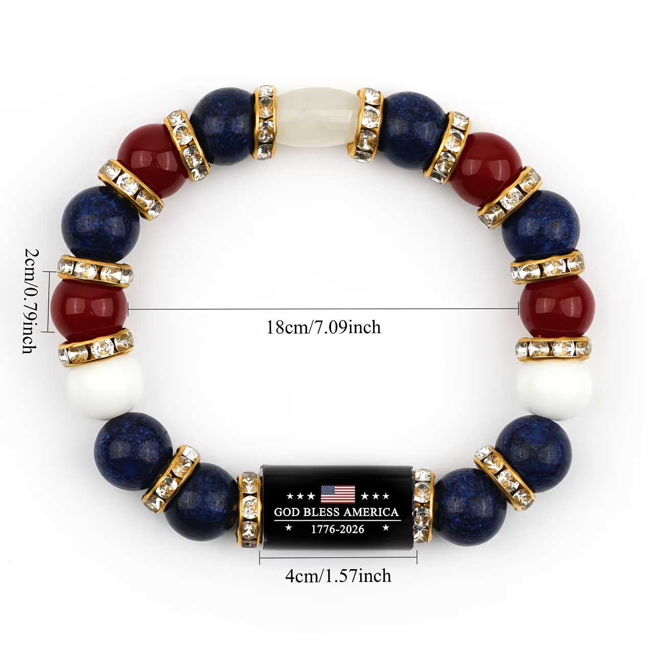 American Legacy 1776-2026 Patriotic Beaded Bracelet – Red White & Blue Stone Beads with Crystal Spacers, USA Flag Engraved Bar Charm, Stretch Fit