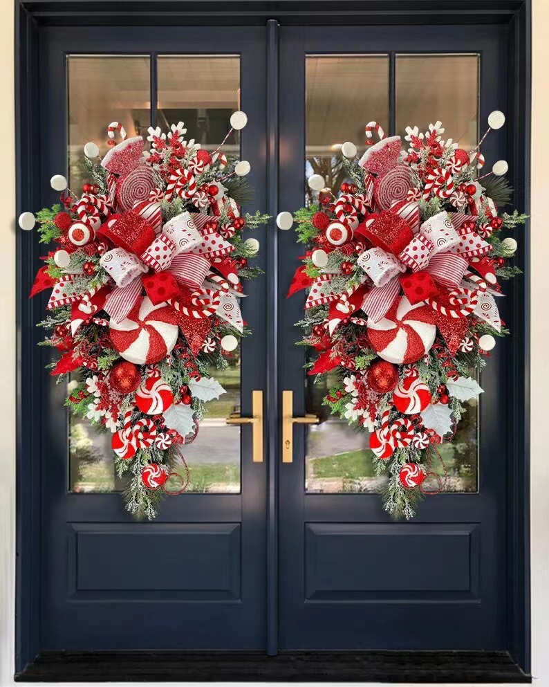 Candy Cane Christmas Door Wreath for Front Door – Peppermint Holiday Swag Decor