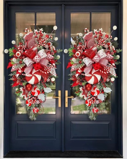 Candy Cane Christmas Door Wreath for Front Door – Peppermint Holiday Swag Decor