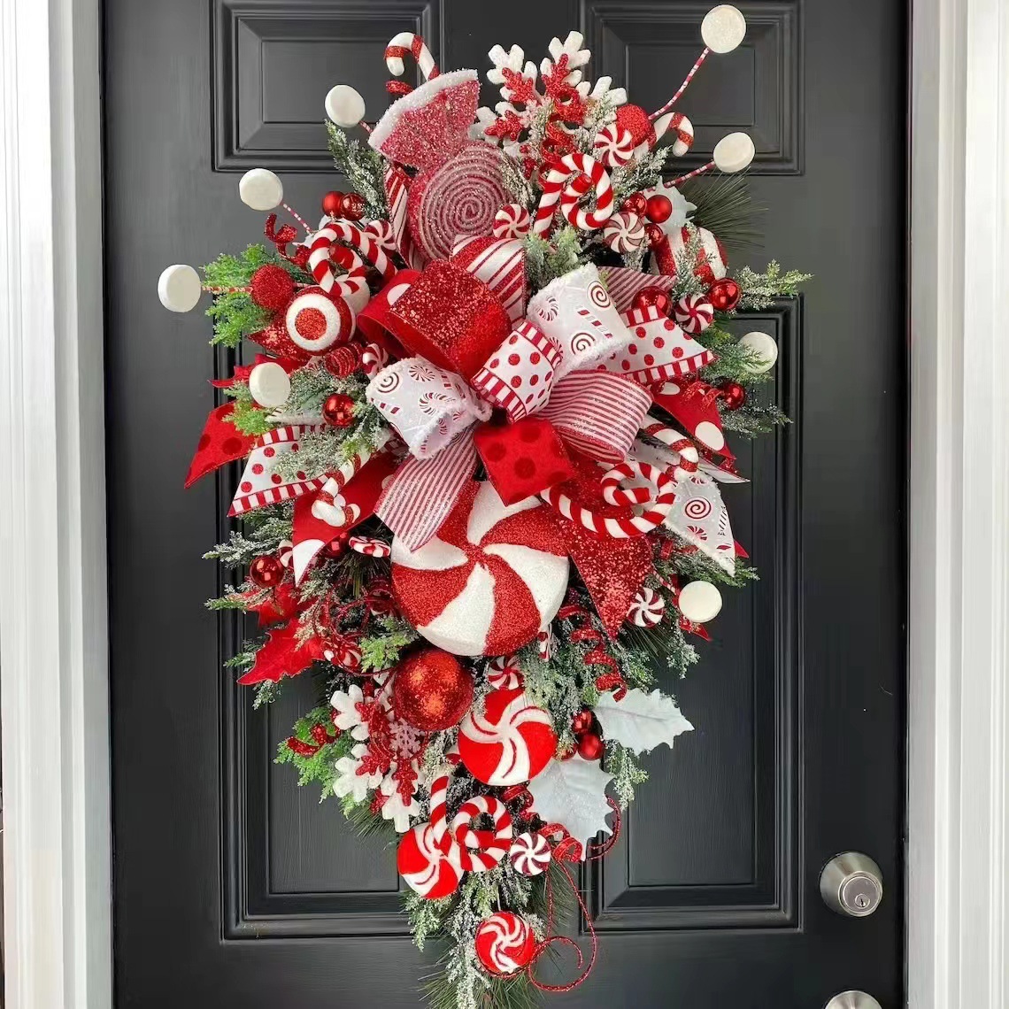 Candy Cane Christmas Door Wreath for Front Door – Peppermint Holiday Swag Decor