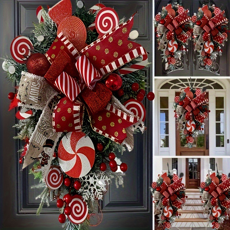 Candy Cane Christmas Door Wreath for Front Door – Peppermint Holiday Swag Decor