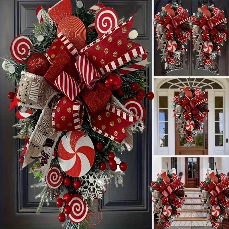Candy Cane Christmas Door Wreath for Front Door – Peppermint Holiday Swag Decor