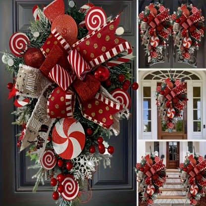 Candy Cane Christmas Door Wreath for Front Door – Peppermint Holiday Swag Decor