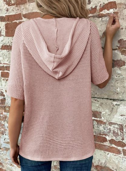 ✨Women's Waffle Knit Button V Neck Short Sleeve Lightweight Drawstring Hoodies(BUY 2 10% off)