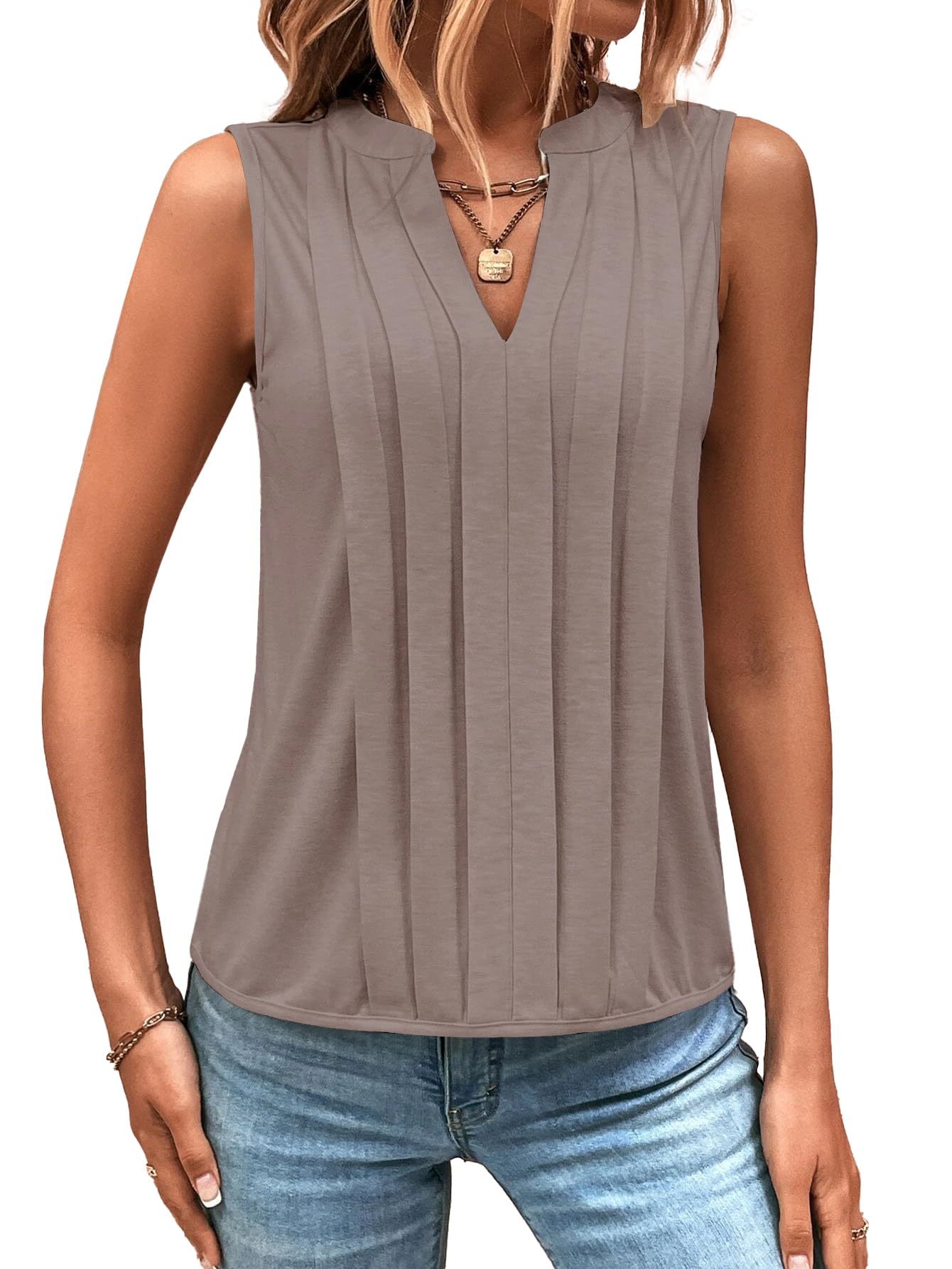 ✨2025 New Women's Sleeveless Notched V Neck Tank Tops(buy 3 free shipping)