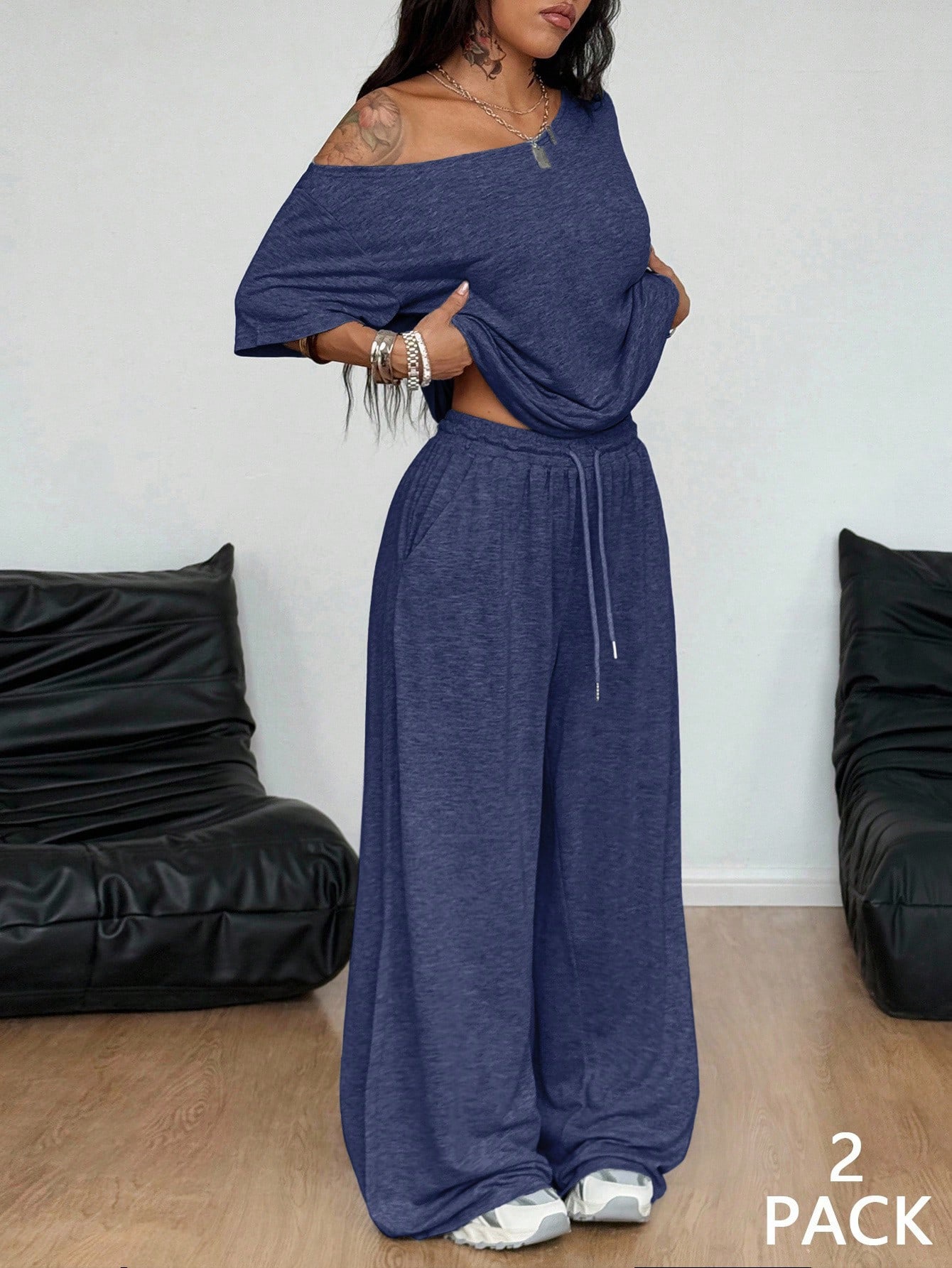 2pcs/Set Women's Minimalist Basic Daily Wear Everyday Going Out Sport Comfortable Off Shoulder T-Shirt And Wide Leg Pants Two Pieces Outfits
