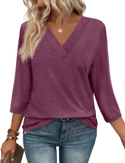 ✨Women's Trendy V Neck 3/4 Long Sleeve Tops Loose Fit Blouse (Buy 2 Free Shipping)