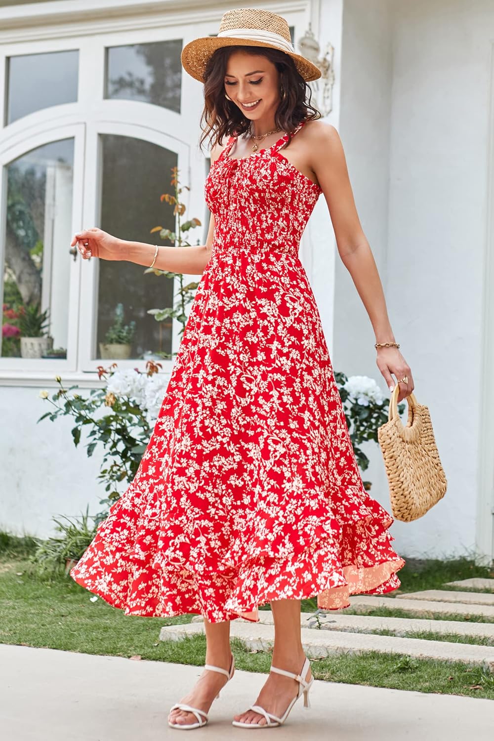GRACE KARIN Women's 2025 Summer Floral Boho Dress Square Neck Strapped Swing A Line Sundress Beach Long Maxi Outfits