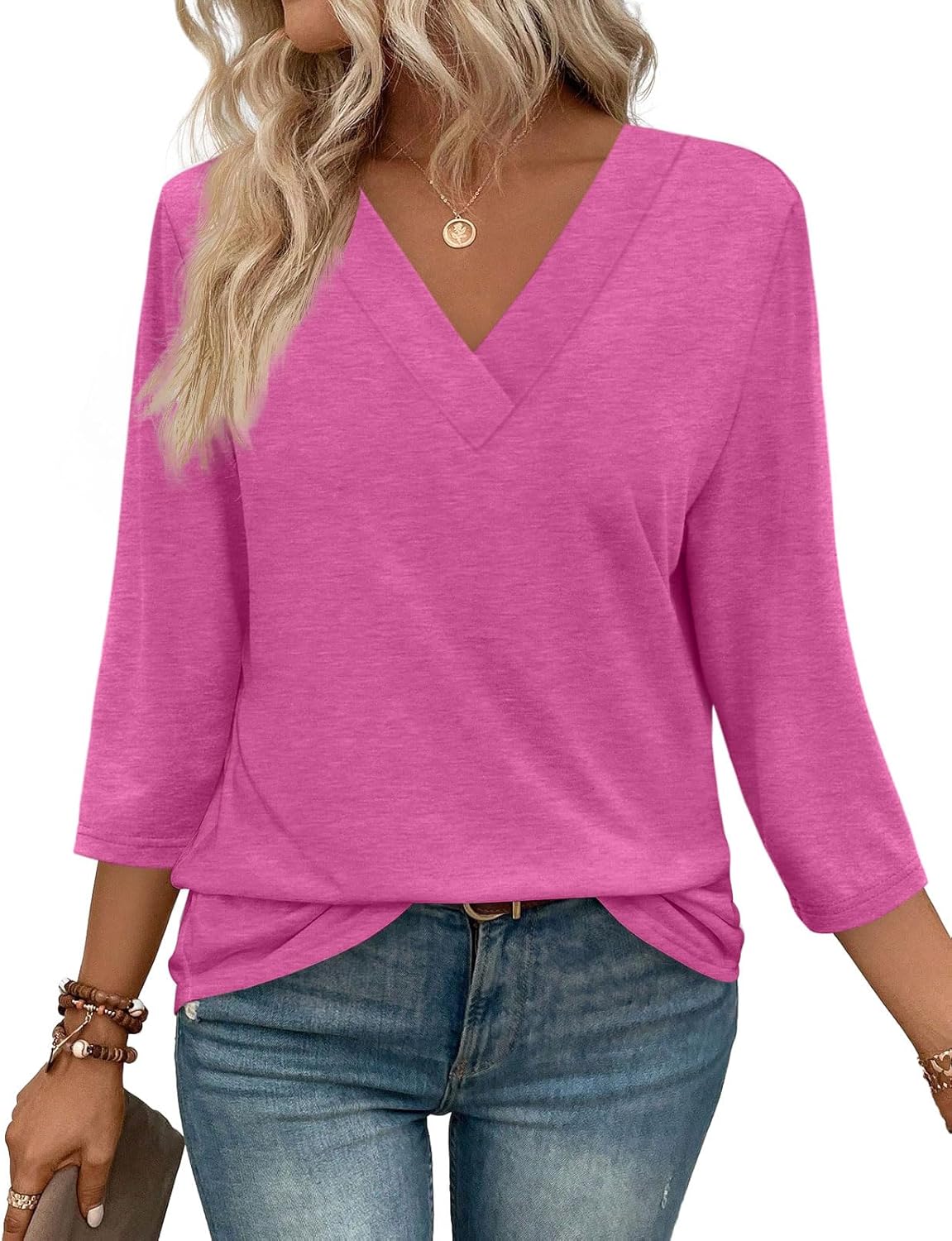 ✨Women's Trendy V Neck 3/4 Long Sleeve Tops Loose Fit Blouse (Buy 2 Free Shipping)