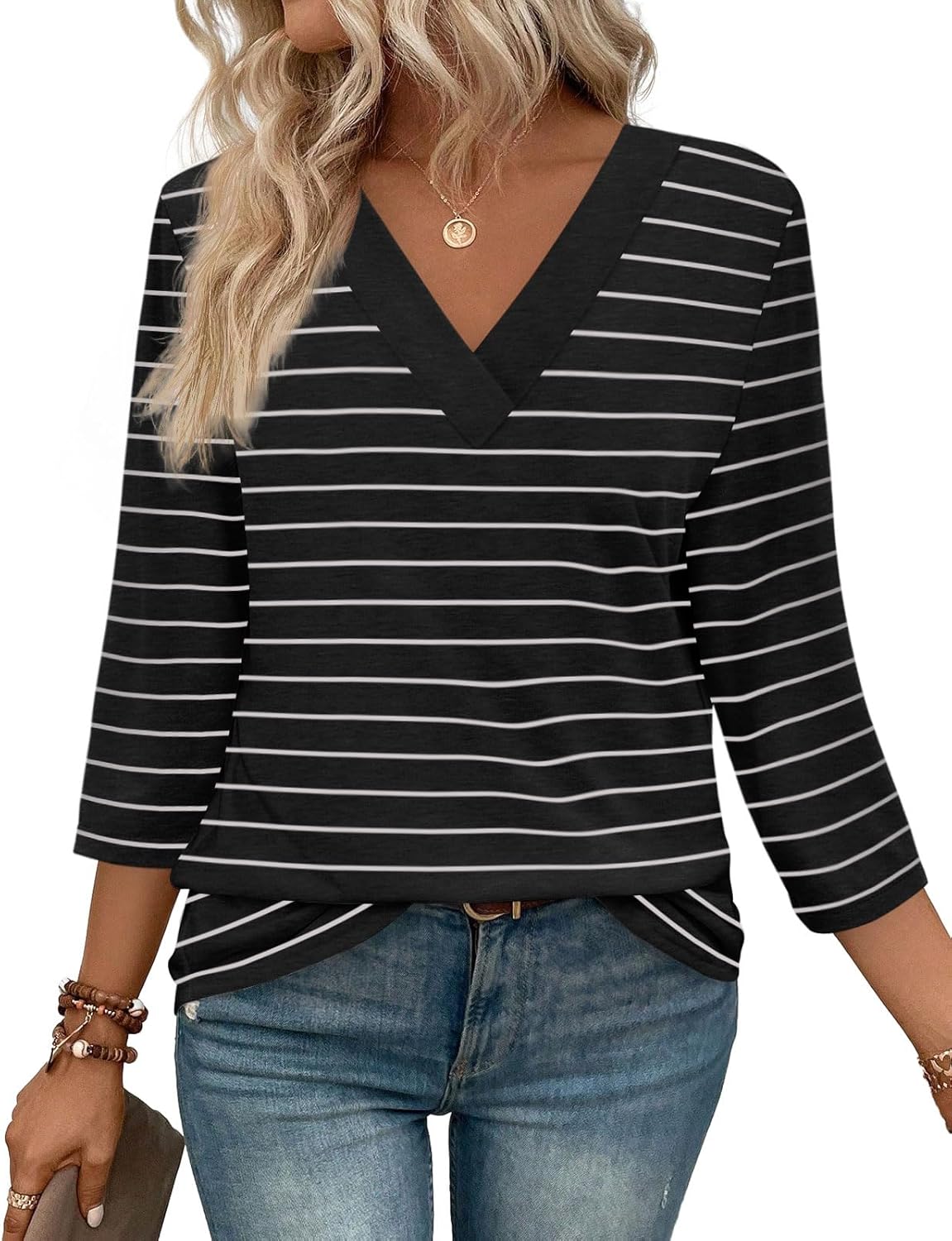 ✨Women's Trendy V Neck 3/4 Long Sleeve Tops Loose Fit Blouse (Buy 2 Free Shipping)