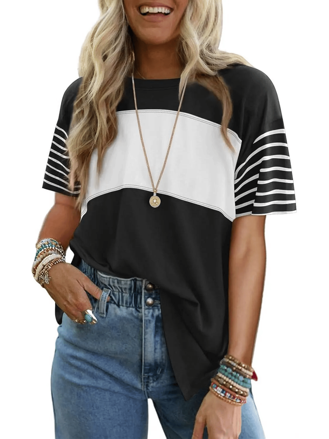 Womens Oversized Crewneck Casual Color Block Striped Shirts Blouses