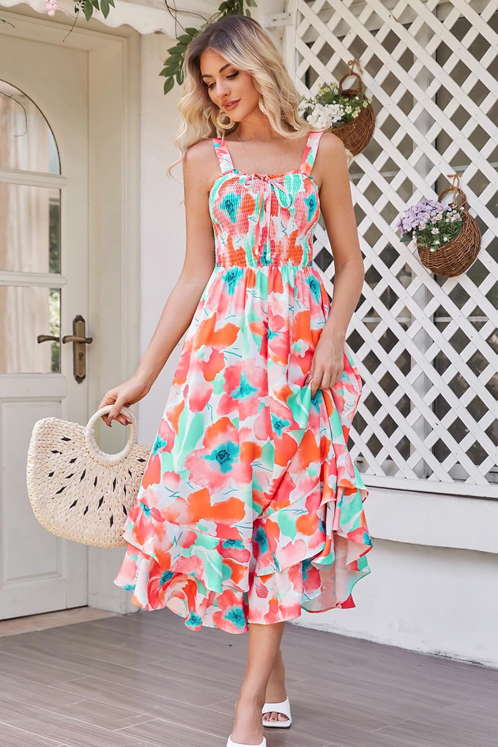 GRACE KARIN Women's 2025 Summer Floral Boho Dress Square Neck Strapped Swing A Line Sundress Beach Long Maxi Outfits