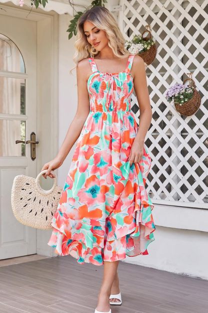 GRACE KARIN Women's 2025 Summer Floral Boho Dress Square Neck Strapped Swing A Line Sundress Beach Long Maxi Outfits