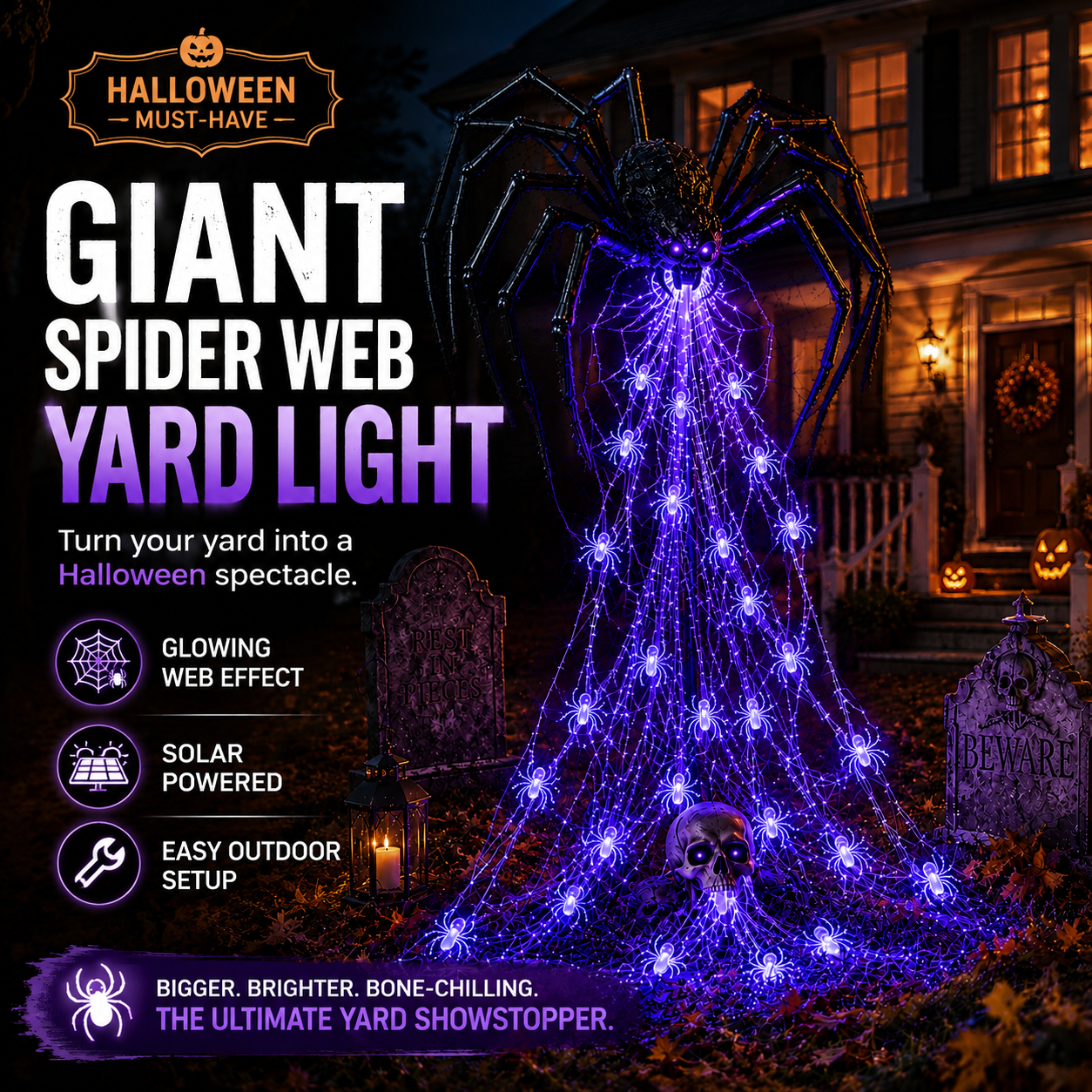 Giant Halloween spider yard light with cascading purple glowing web and solar-powered outdoor setup