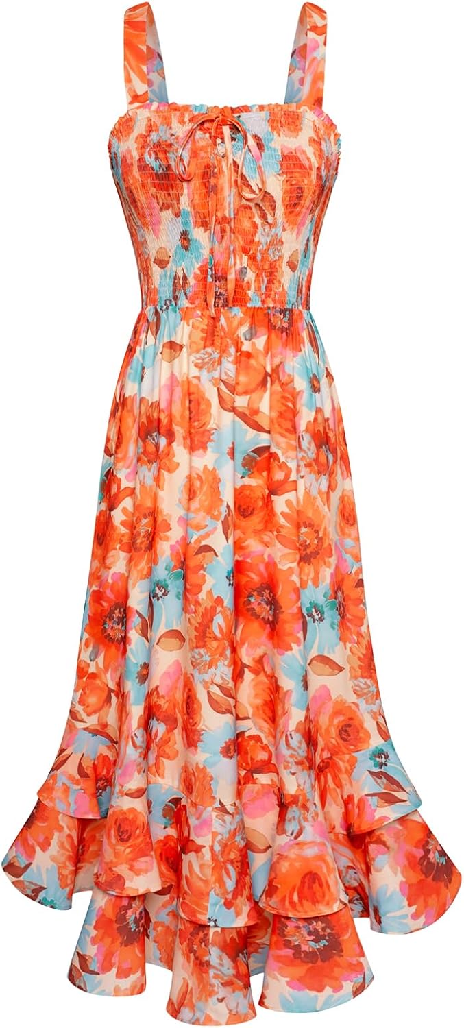 GRACE KARIN Women's 2025 Summer Floral Boho Dress Square Neck Strapped Swing A Line Sundress Beach Long Maxi Outfits