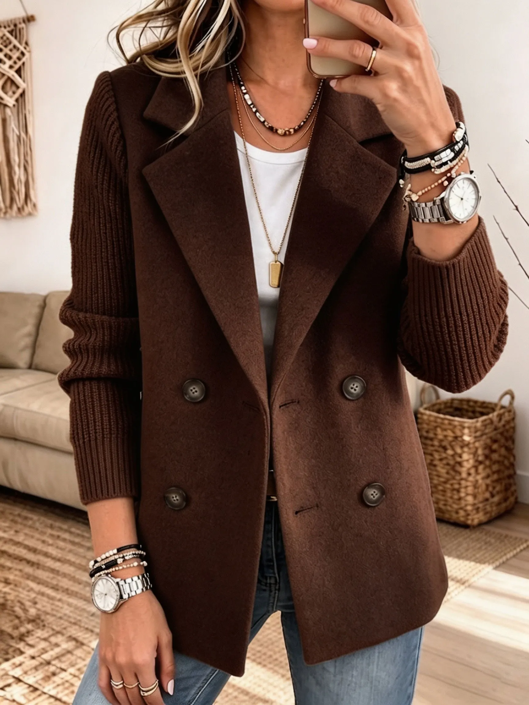 Women Mixed Media Blazer, Knit Sleeve Double‐Breasted Lapel Wool‐Blend Jacket