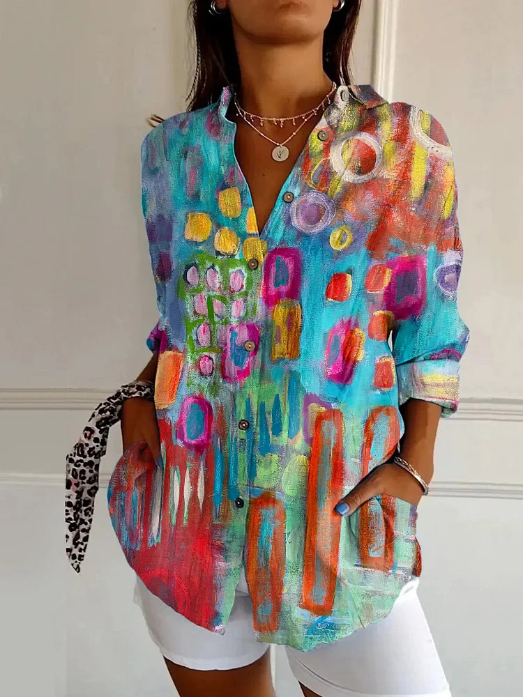 WOMEN'S ABSTRACT LINE COTTON LINEN SHIRT