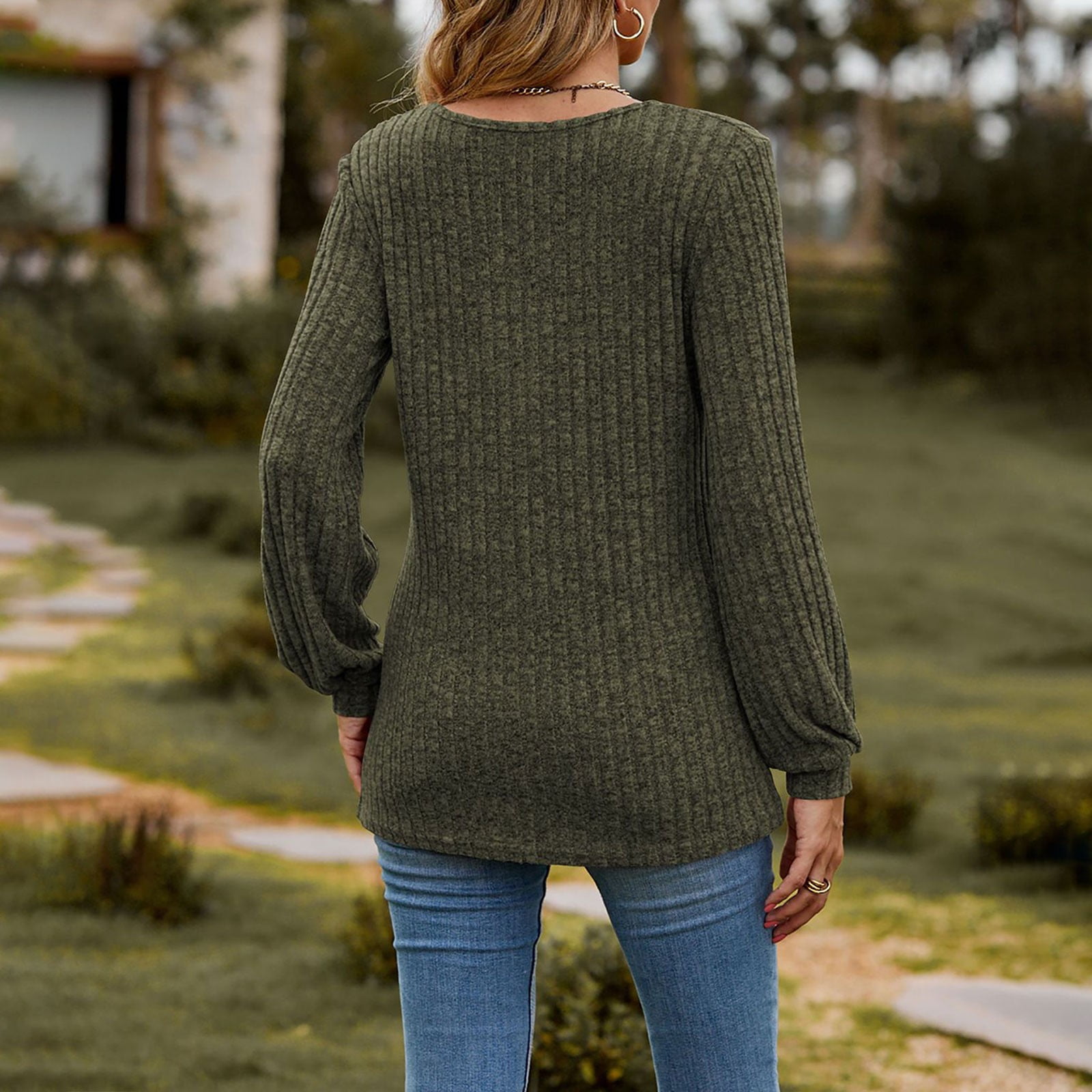 Women's Fall Button Scoop Neck Puff Long Sleeve Henley Shirts