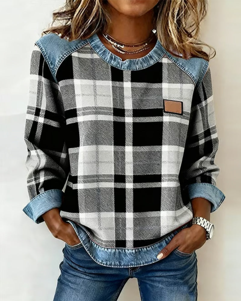 🔥Women's Casual Round Neck Denim Patchwork Pullover Sweatshirt