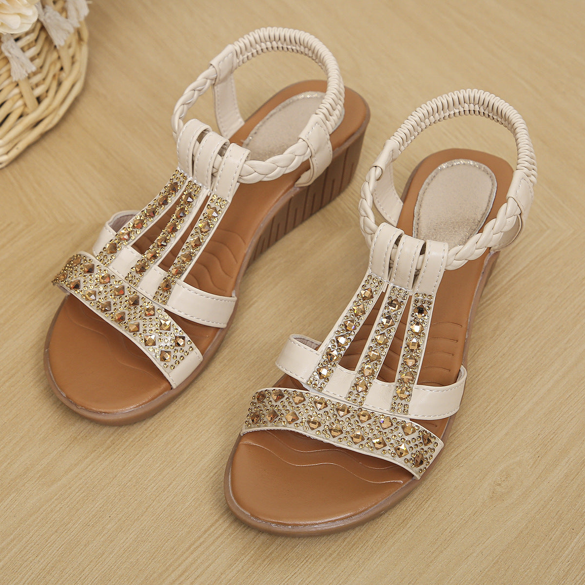 Sparkly Rhinestone Wedge Sandals with Arch Support & Easy Slip-On Fit
